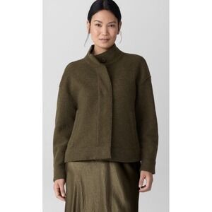 Eileen Fisher Boiled Wool Jacket Sweater  Petite Med PM Woodland Green NWT